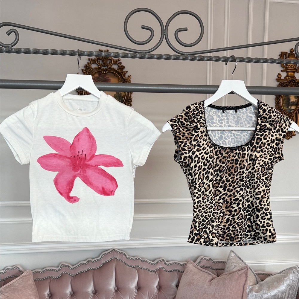SHEIN White Tee with Pink Floral and Leopard Print Top